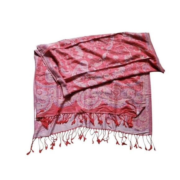 Pashmina(?) Silk Wool Paisley Scarf Wrap Shawl Rectangle Fringe Red Orange EUC - Picture 5 of 6